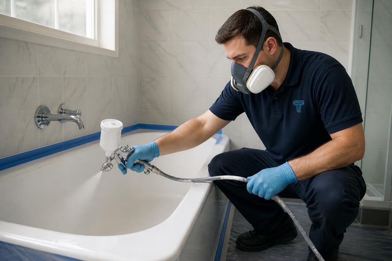 Technician spray-resurfacing a bathtub