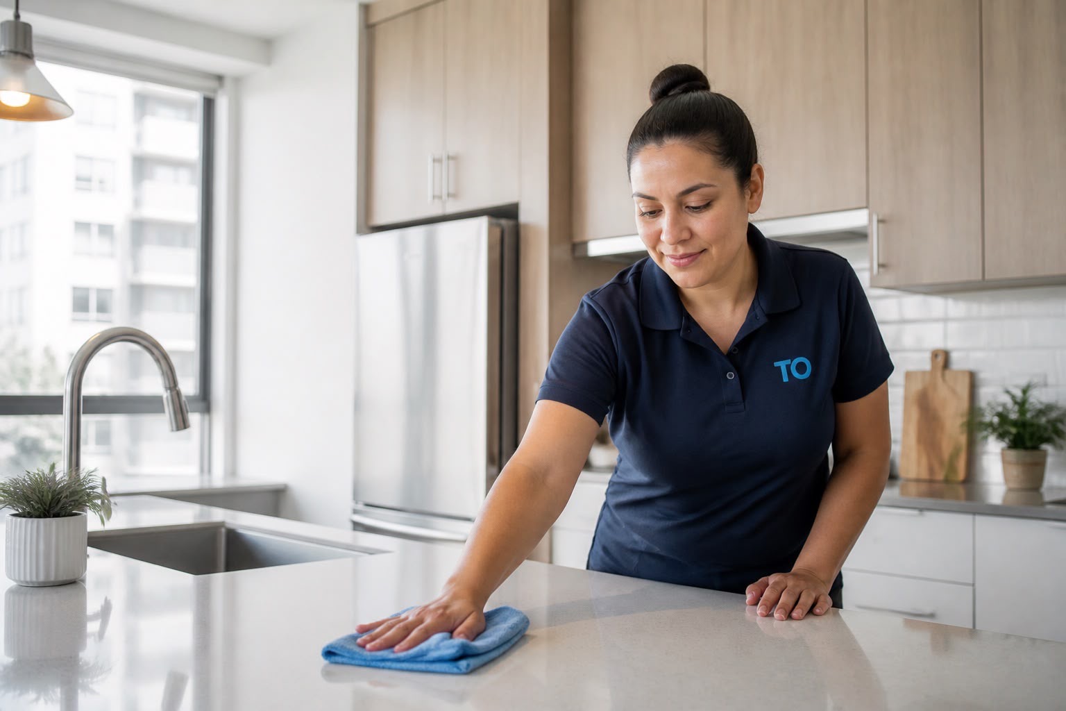 Team member cleaning a kitchen countertop