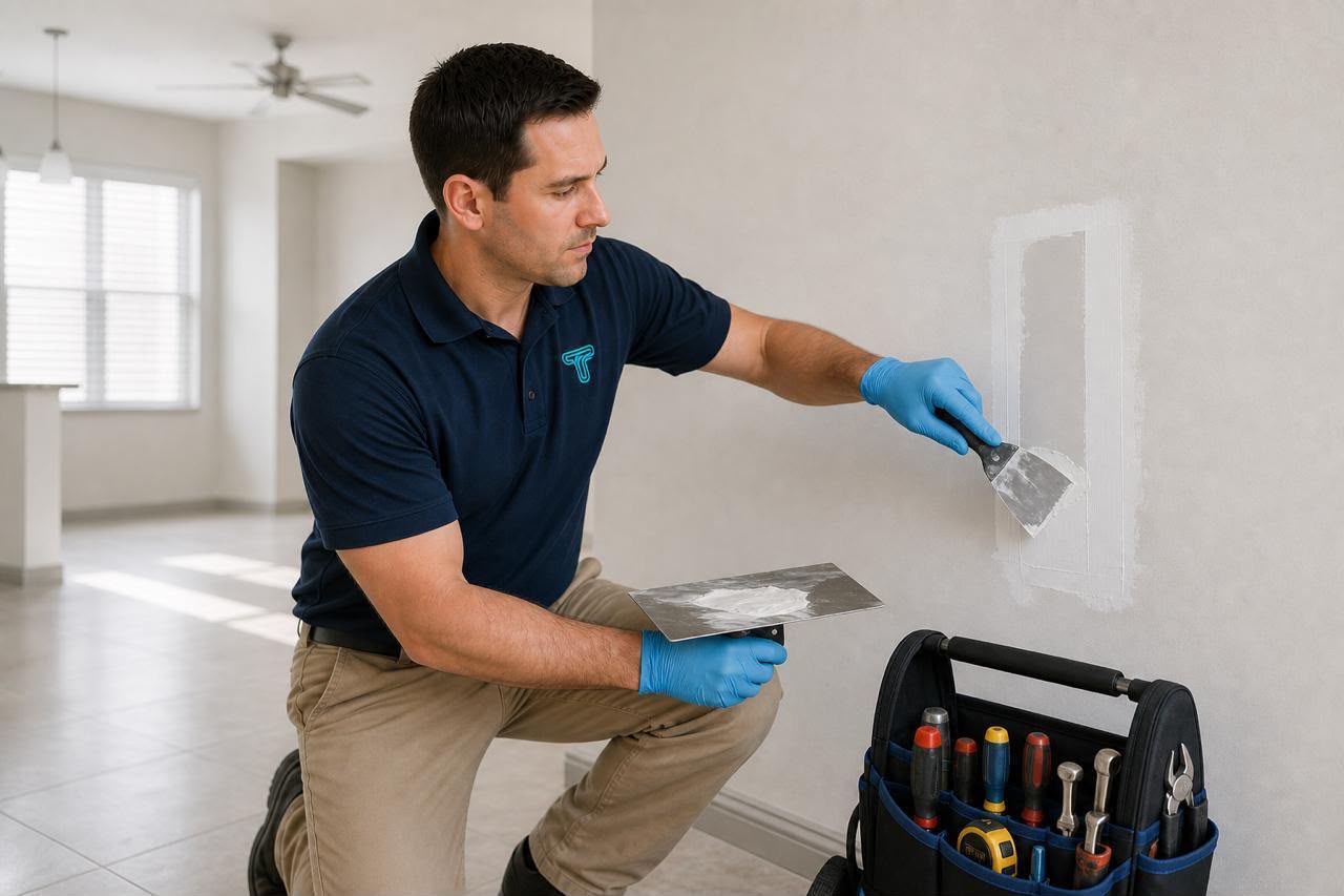 Technician repairing a drywall patch