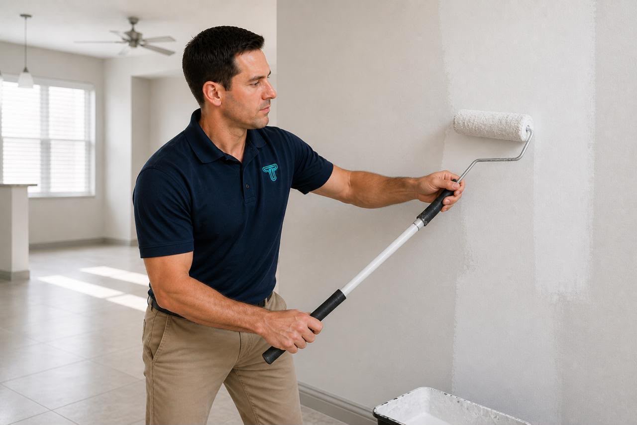 Technician painting an interior wall with a roller