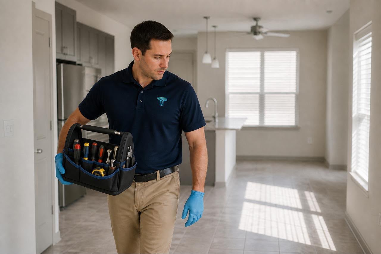 Total One Solutions technician arriving at an apartment with tools